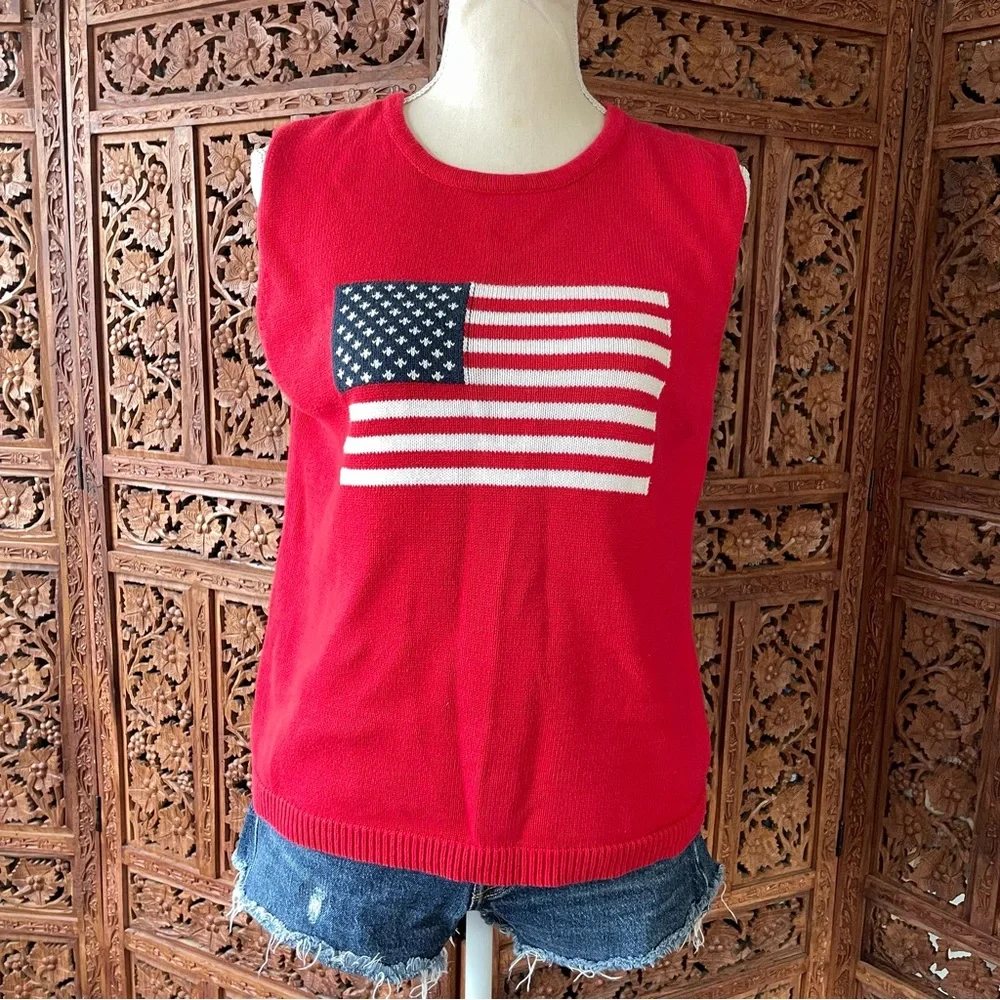 Vintage Red Sleeveless American Flag Patriotic Knit Top - Picture 4 of 9